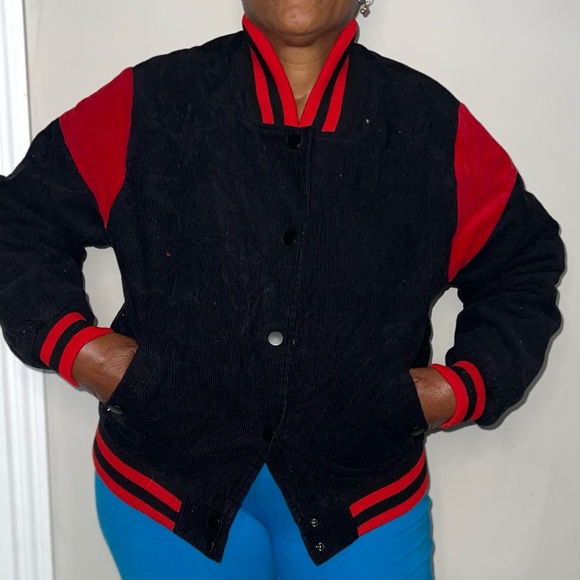 RED AND BLACK CORDUROY VARSITY JACKET - Picture 3 of 9